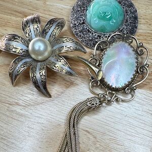Vintage Brooch and Pendant Set with Pearl and Green Accents